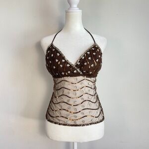 Vtg Y2K Beaded Mesh Fairy Halter Top Large 90s Brown Festival Ethereal Rave